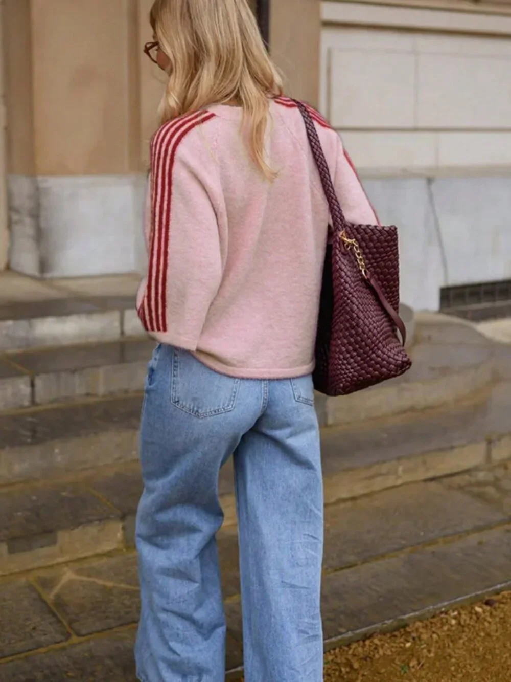 Pink Casual Women's 3/4 Sleeve Striped Round Neck Loose Fuzzy Sporty Sweater - Picture 6 of 10